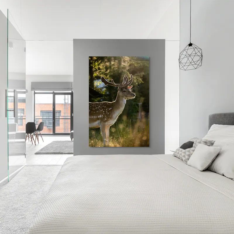Tablou Canvas, "Cerbul admirând răsăritul din pădure.", Frumusețe, Eleganță, Lumină, Natură, Seară, Animal, Pădure, Căldură, Tranquilitate, Fin., 100 x 150 cm – poza 5