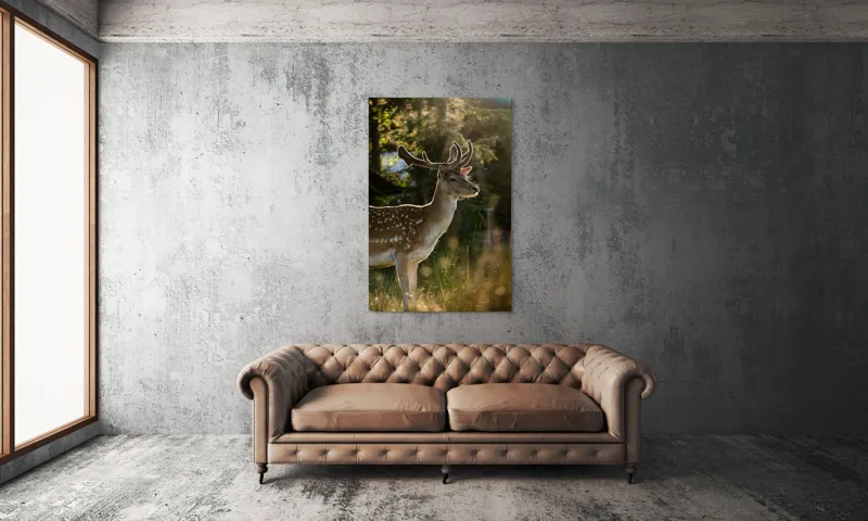 Tablou Canvas, "Cerbul admirând răsăritul din pădure.", Frumusețe, Eleganță, Lumină, Natură, Seară, Animal, Pădure, Căldură, Tranquilitate, Fin., 100 x 150 cm – poza 6