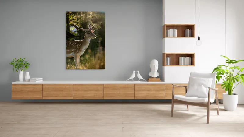 Tablou Canvas, "Cerbul admirând răsăritul din pădure.", Frumusețe, Eleganță, Lumină, Natură, Seară, Animal, Pădure, Căldură, Tranquilitate, Fin., 100 x 150 cm – poza 8