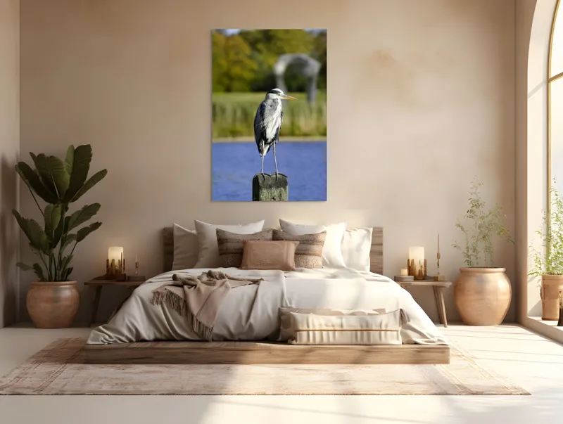 Tablou Canvas, "Egreta pe stâlp la apus", Pasăre, Lac, Stabilitate, Natură, Armonie, Echilibru, Peisaj, Culoare, Cer, Liniște, 100 x 150 cm – poza 3