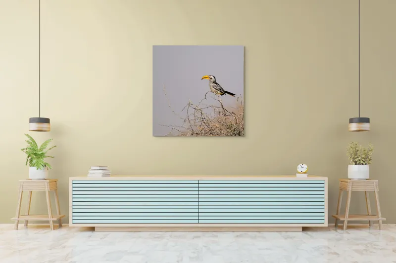 Tablou Canvas, "Pasărea în armonia savanei africane", Pasăre, Crenguță, Cioc, Galben, Cer, Gri, Natură, Singurătate, Observare, Serenitate, 100 x 100 cm – poza 5