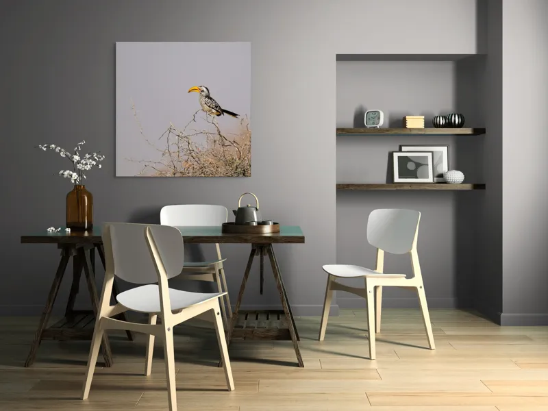 Tablou Canvas, "Pasărea în armonia savanei africane", Pasăre, Crenguță, Cioc, Galben, Cer, Gri, Natură, Singurătate, Observare, Serenitate, 100 x 100 cm – poza 6