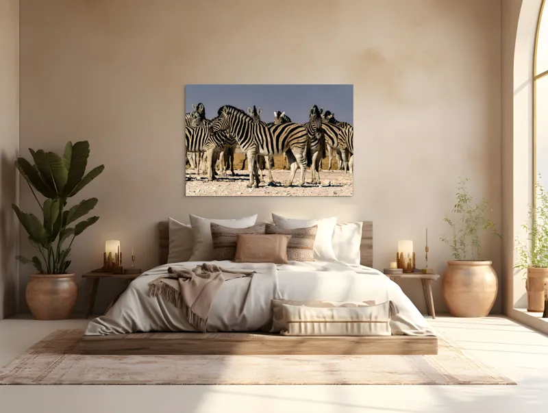 Tablou Canvas, "Zebrele savanei sub soarele fierbinte", Zebre, Dungile, Grup, Safari, Savana, Natura, Wildlife, Africa, Soare, Peisaj, 150 x 100 cm – poza 4