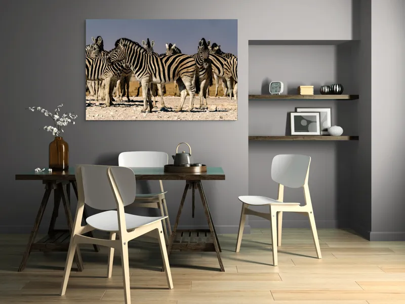 Tablou Canvas, "Zebrele savanei sub soarele fierbinte", Zebre, Dungile, Grup, Safari, Savana, Natura, Wildlife, Africa, Soare, Peisaj, 150 x 100 cm – poza 5
