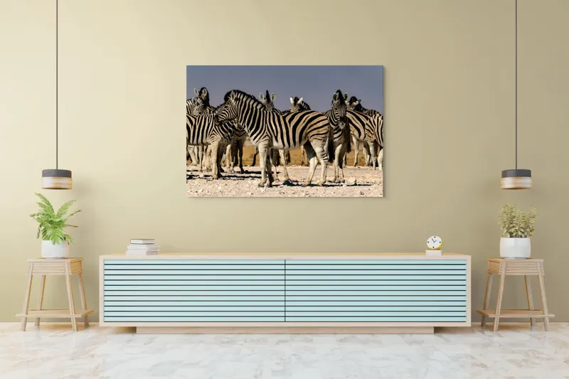 Tablou Canvas, "Zebrele savanei sub soarele fierbinte", Zebre, Dungile, Grup, Safari, Savana, Natura, Wildlife, Africa, Soare, Peisaj, 150 x 100 cm – poza 6