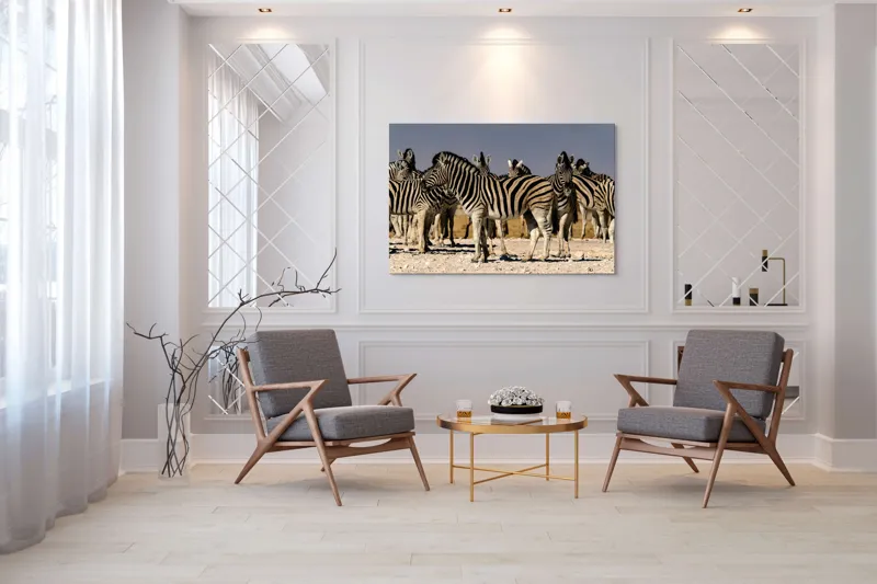 Tablou Canvas, "Zebrele savanei sub soarele fierbinte", Zebre, Dungile, Grup, Safari, Savana, Natura, Wildlife, Africa, Soare, Peisaj, 150 x 100 cm – poza 7