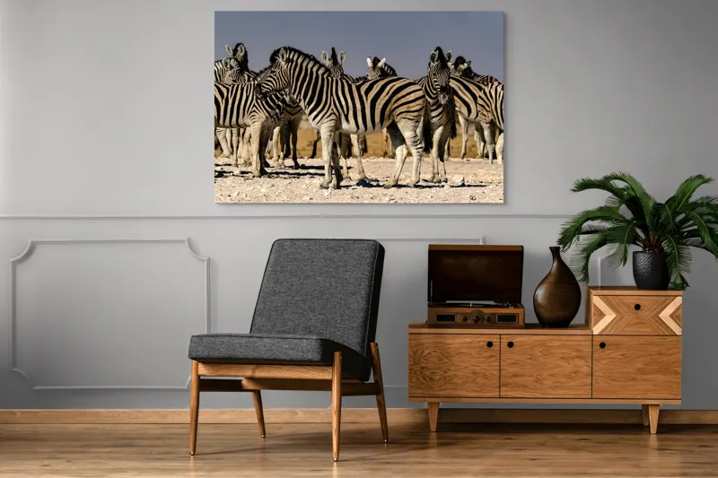 Tablou Canvas, "Zebrele savanei sub soarele fierbinte", Zebre, Dungile, Grup, Safari, Savana, Natura, Wildlife, Africa, Soare, Peisaj, 150 x 100 cm – poza 8