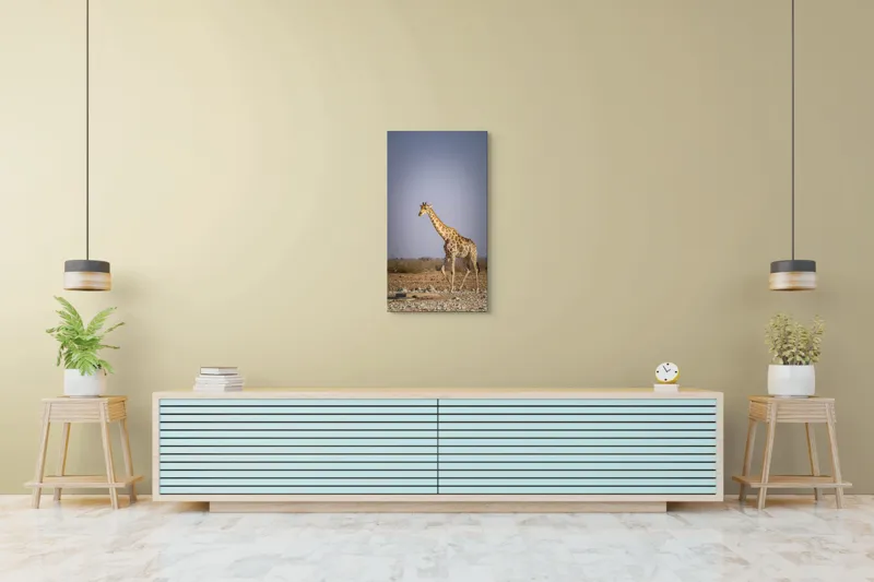 Tablou Canvas, "Giraful plimbându-se prin savană africană", Girafă, Savana, Arid, Cer, Linie, Elegantă, Liniște, Natură, Peisaj., 50 x 90 cm – poza 6