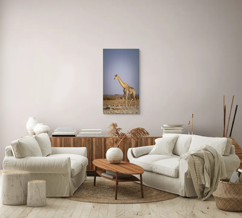Tablou Canvas, "Giraful plimbându-se prin savană africană", Girafă, Savana, Arid, Cer, Linie, Elegantă, Liniște, Natură, Peisaj., 50 x 90 cm – poza 7