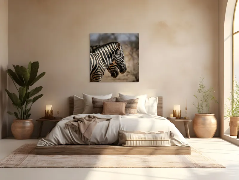 Tablou Canvas, "Zebre în savana africană uscată", Zebre, Dungi, Natură, Savană, Peisaj, Faună, Contrast, Blană, 100 x 100 cm – poza 4