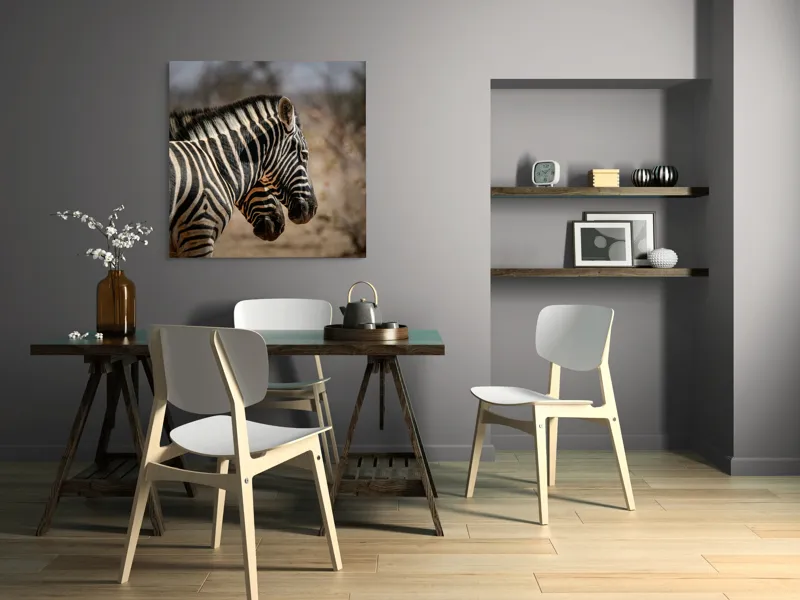 Tablou Canvas, "Zebre în savana africană uscată", Zebre, Dungi, Natură, Savană, Peisaj, Faună, Contrast, Blană, 100 x 100 cm – poza 6