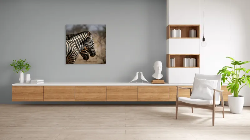 Tablou Canvas, "Zebre în savana africană uscată", Zebre, Dungi, Natură, Savană, Peisaj, Faună, Contrast, Blană, 100 x 100 cm – poza 8