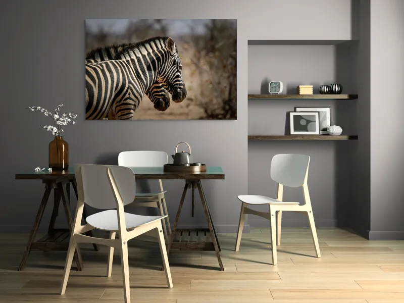 Tablou Canvas, "Zebre în savana africană uscată", Zebre, Dungi, Natură, Savană, Peisaj, Faună, Contrast, Blană, 150 x 100 cm – poza 5