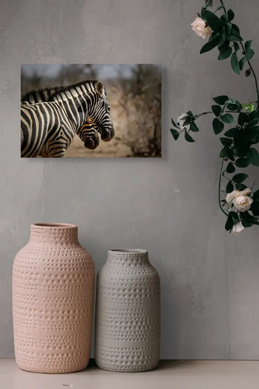 Tablou Canvas, "Zebre în savana africană uscată", Zebre, Dungi, Natură, Savană, Peisaj, Faună, Contrast, Blană, 39 x 26 cm – poza 4