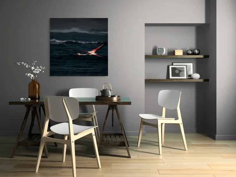 Tablou Canvas, "Flamingo zburând deasupra oceanului întunecat", Flamingo, Zbor, Ocean, Valuri, Liniște, Natură, Aripi, Apus, 100 x 100 cm – poza 6