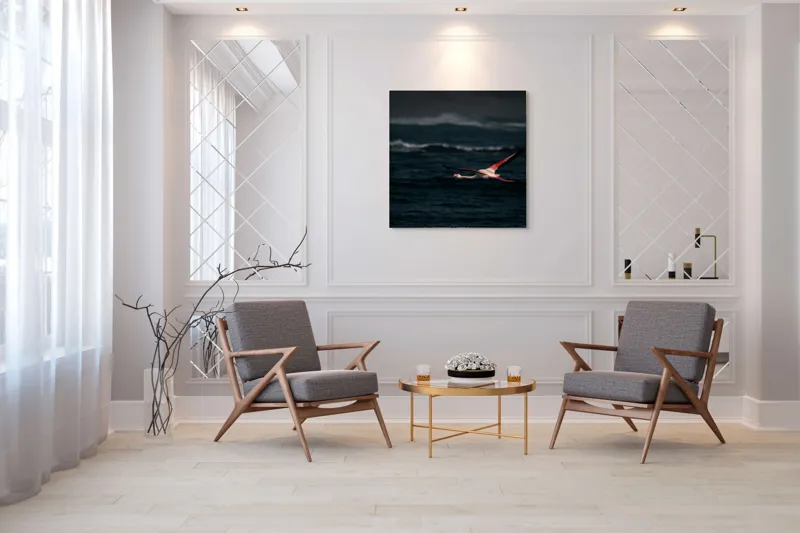 Tablou Canvas, "Flamingo zburând deasupra oceanului întunecat", Flamingo, Zbor, Ocean, Valuri, Liniște, Natură, Aripi, Apus, 100 x 100 cm – poza 7