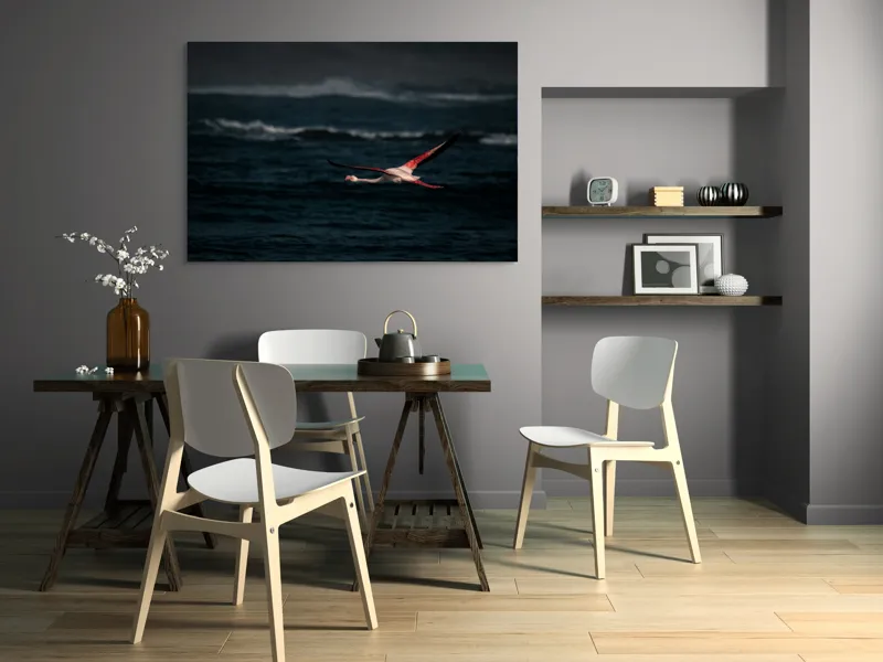 Tablou Canvas, "Flamingo zburând deasupra oceanului întunecat", Flamingo, Zbor, Ocean, Valuri, Liniște, Natură, Aripi, Apus, 150 x 100 cm – poza 5