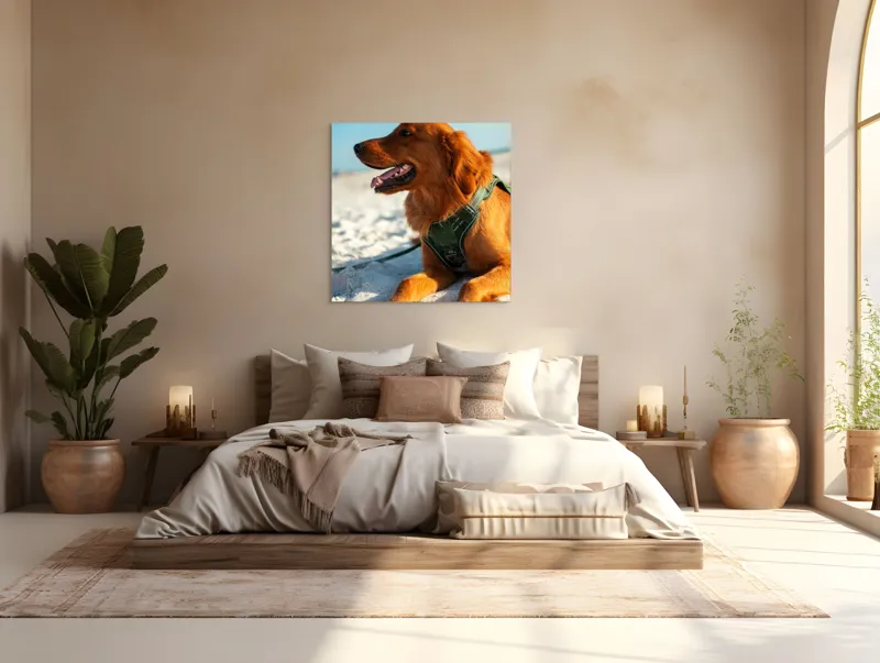 Tablou Canvas, "Câine fericit pe plaja însorită", Câine, Nisip, Zgărză, Soare, Relaxare, Plajă, Blană, Fericire, Cer, Albastru., 100 x 100 cm – poza 4