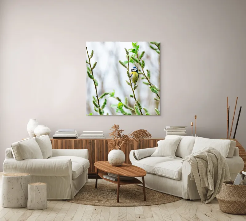 Tablou Canvas Pasărea printre mugurii primăverii verzi Natură Peisaj, 100 x 100 cm – poza 3
