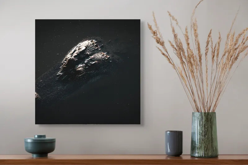 Tablou Canvas, "Umbra ascunsă a prădătorului tăcut", Apa, Întuneric, Textură, Reptilă, Submersie, Relaxare, Peisaj, Mister, Discreție., 50 x 50 cm – poza 4