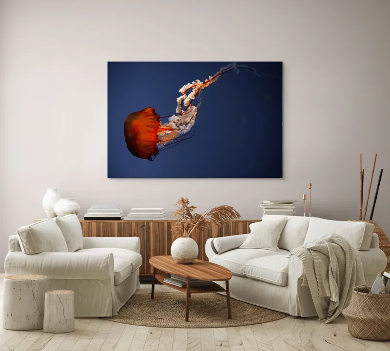 Tablou Canvas, "Meduza dansând în oceanul adânc", Jellyfish, Bioluminescence, Ocean, Graceful, Underwater, Tentacles, Ethereal, 150 x 100 cm – poza 3