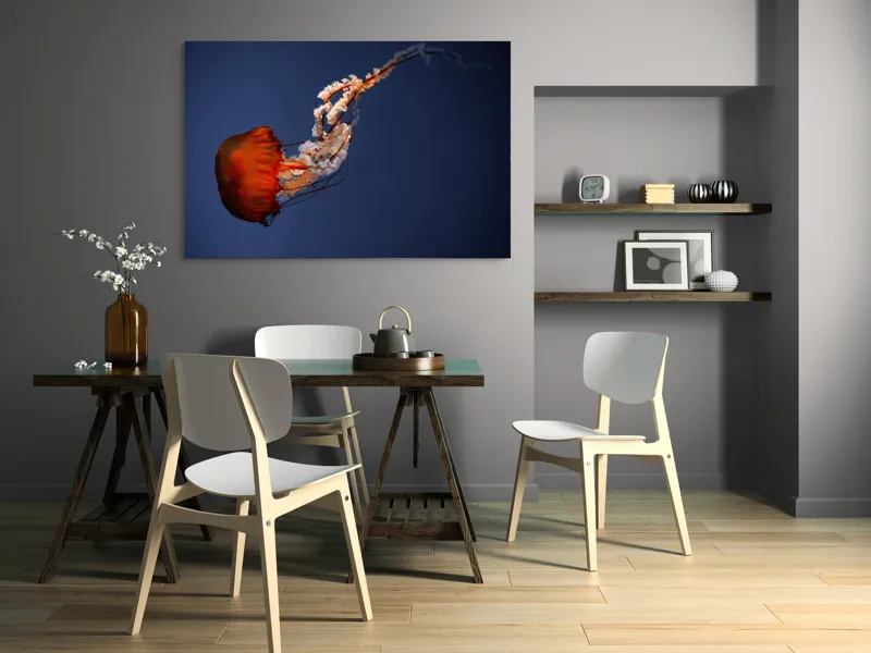 Tablou Canvas, "Meduza dansând în oceanul adânc", Jellyfish, Bioluminescence, Ocean, Graceful, Underwater, Tentacles, Ethereal, 150 x 100 cm – poza 5