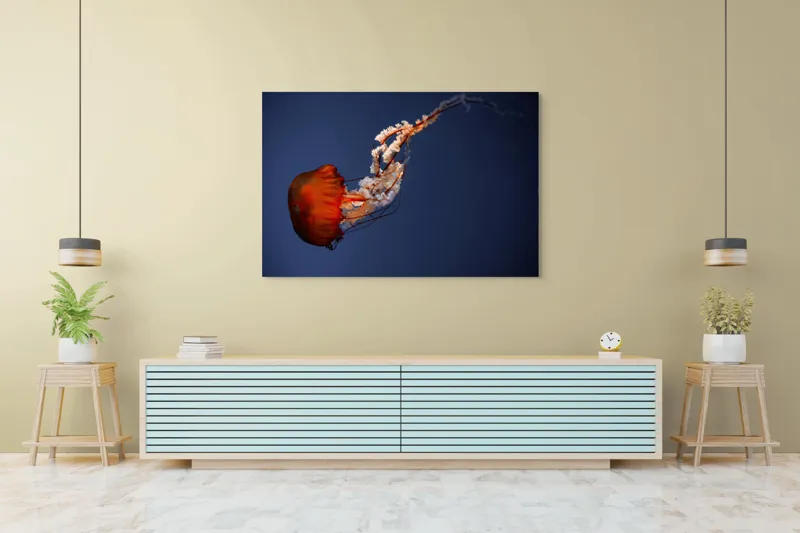 Tablou Canvas, "Meduza dansând în oceanul adânc", Jellyfish, Bioluminescence, Ocean, Graceful, Underwater, Tentacles, Ethereal, 150 x 100 cm – poza 6