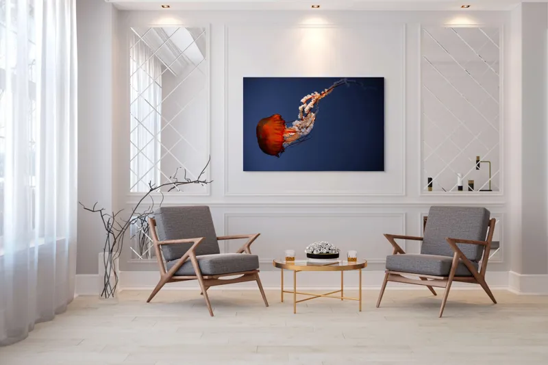 Tablou Canvas, "Meduza dansând în oceanul adânc", Jellyfish, Bioluminescence, Ocean, Graceful, Underwater, Tentacles, Ethereal, 150 x 100 cm – poza 7