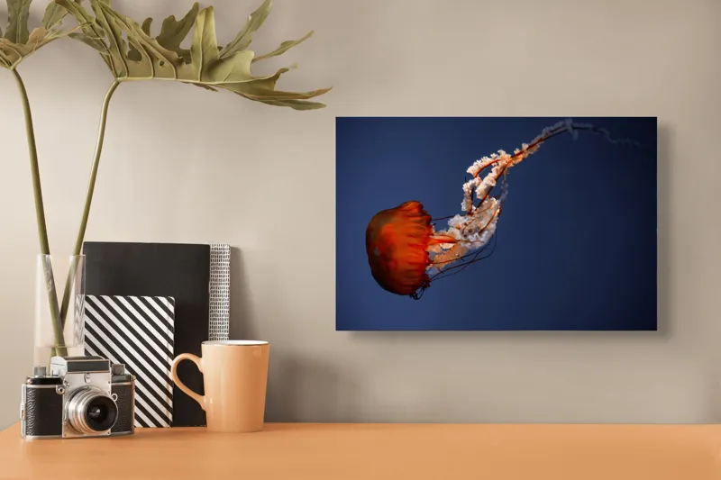 Tablou Canvas, "Meduza dansând în oceanul adânc", Jellyfish, Bioluminescence, Ocean, Graceful, Underwater, Tentacles, Ethereal, 39 x 26 cm – poza 3