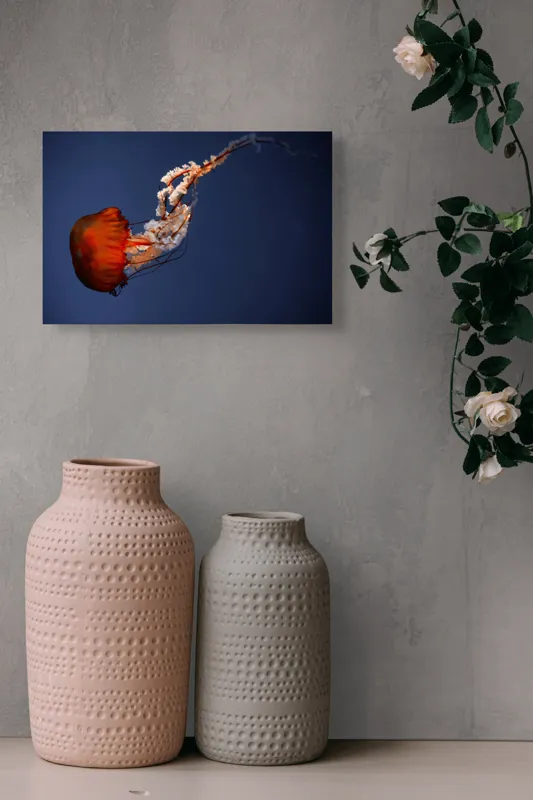 Tablou Canvas, "Meduza dansând în oceanul adânc", Jellyfish, Bioluminescence, Ocean, Graceful, Underwater, Tentacles, Ethereal, 39 x 26 cm – poza 4