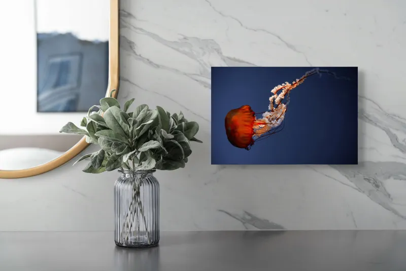 Tablou Canvas, "Meduza dansând în oceanul adânc", Jellyfish, Bioluminescence, Ocean, Graceful, Underwater, Tentacles, Ethereal, 39 x 26 cm – poza 5