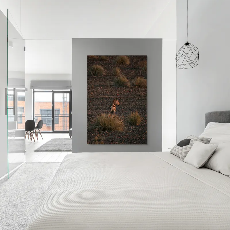 Tablou Canvas, "Zebră în lumina apusului african", Zebră, Apus, Pustiu, Vegetație, Pietre, Singurătate, Liniște, Natură, Sălbăticie, Contemplare, 100 x 150 cm – poza 5