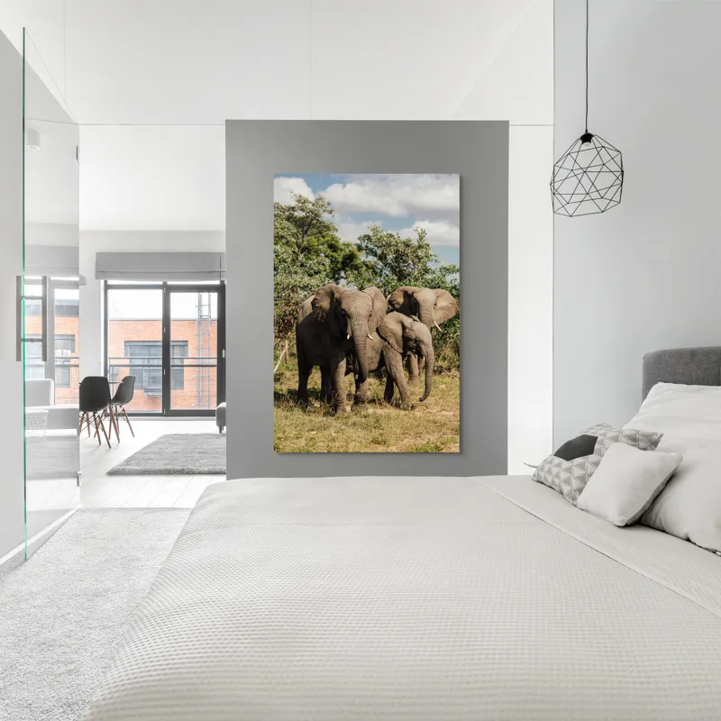 Tablou Canvas, "Familie de elefanți în savană africană", Elefanți, Arbori, Savana, Cer, Nori, Trei, Familie, Natură, Urechi, Colți, 100 x 150 cm – poza 5