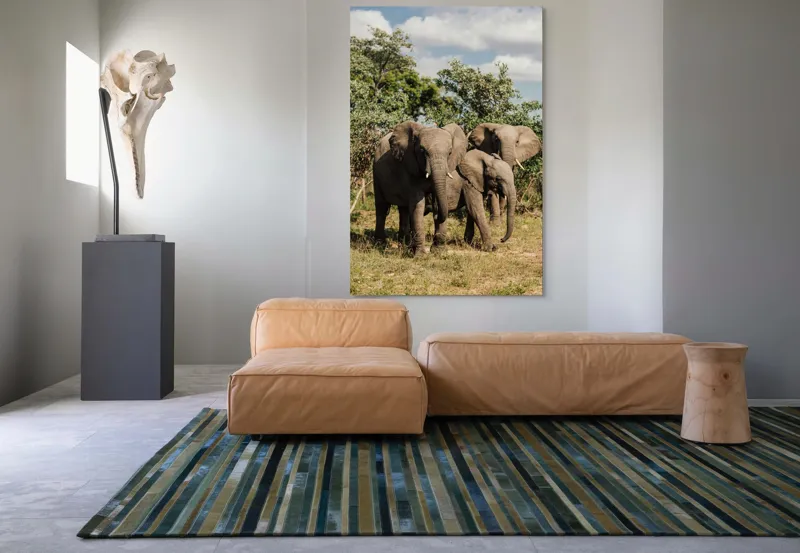 Tablou Canvas, "Familie de elefanți în savană africană", Elefanți, Arbori, Savana, Cer, Nori, Trei, Familie, Natură, Urechi, Colți, 100 x 150 cm – poza 7