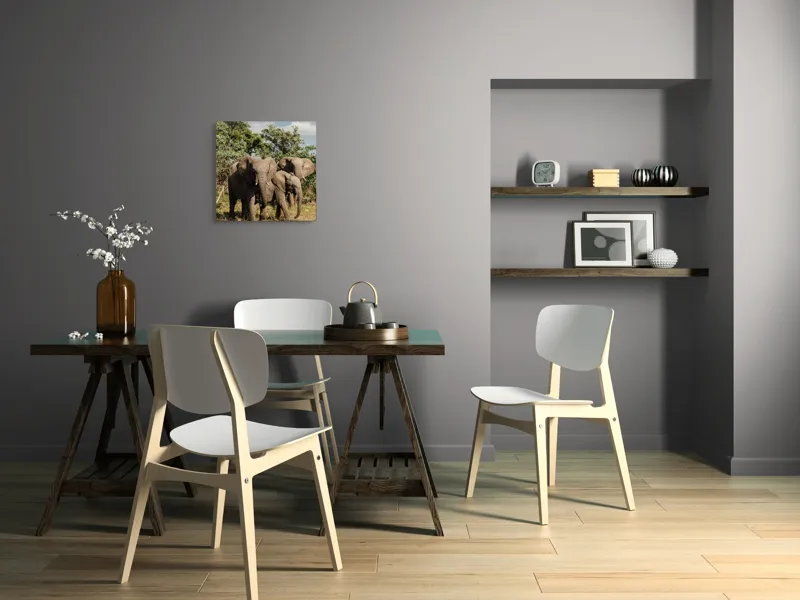 Tablou Canvas, "Familie de elefanți în savană africană", Elefanți, Arbori, Savana, Cer, Nori, Trei, Familie, Natură, Urechi, Colți, 50 x 50 cm – poza 8
