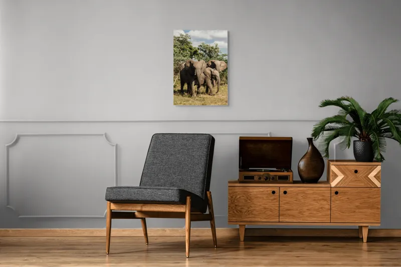 Tablou Canvas, "Familie de elefanți în savană africană", Elefanți, Arbori, Savana, Cer, Nori, Trei, Familie, Natură, Urechi, Colți, 50 x 70 cm – poza 8
