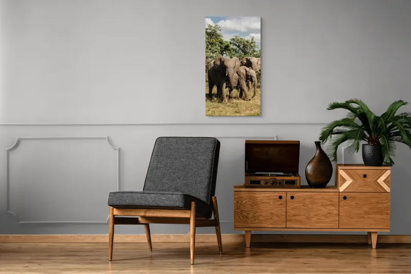 Tablou Canvas, "Familie de elefanți în savană africană", Elefanți, Arbori, Savana, Cer, Nori, Trei, Familie, Natură, Urechi, Colți, 50 x 90 cm – poza 8