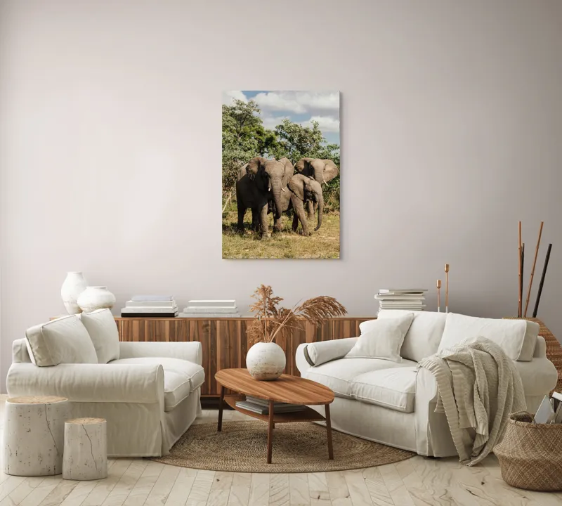 Tablou Canvas, "Familie de elefanți în savană africană", Elefanți, Arbori, Savana, Cer, Nori, Trei, Familie, Natură, Urechi, Colți, 70 x 100 cm – poza 4