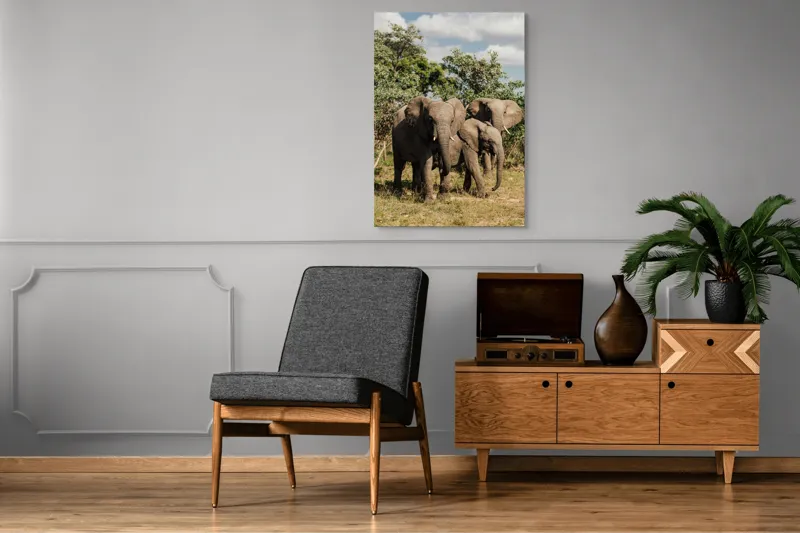 Tablou Canvas, "Familie de elefanți în savană africană", Elefanți, Arbori, Savana, Cer, Nori, Trei, Familie, Natură, Urechi, Colți, 70 x 100 cm – poza 6