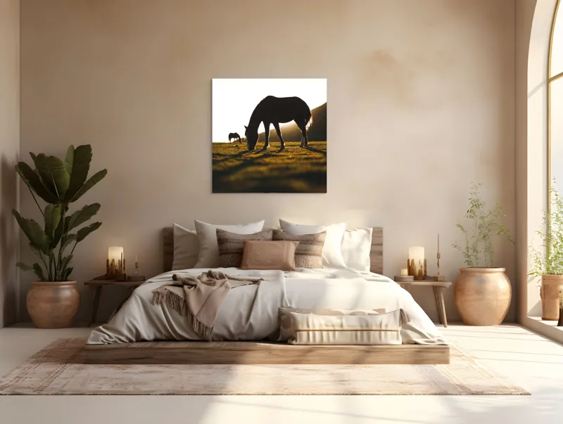 Tablou Canvas, "Cai păscând la apus liniștit", Cal, Siluetă, Pășune, Apus, Tranquilitate, 100 x 100 cm – poza 4