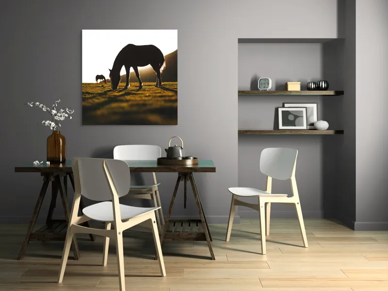 Tablou Canvas, "Cai păscând la apus liniștit", Cal, Siluetă, Pășune, Apus, Tranquilitate, 100 x 100 cm – poza 6