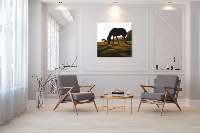 Tablou Canvas, "Cai păscând la apus liniștit", Cal, Siluetă, Pășune, Apus, Tranquilitate, 100 x 100 cm – poza 7