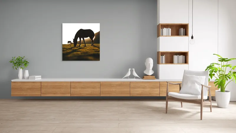Tablou Canvas, "Cai păscând la apus liniștit", Cal, Siluetă, Pășune, Apus, Tranquilitate, 100 x 100 cm – poza 8