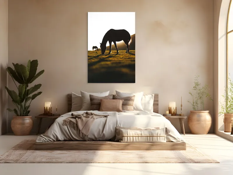 Tablou Canvas, "Cai păscând la apus liniștit", Cal, Siluetă, Pășune, Apus, Tranquilitate, 100 x 150 cm – poza 3
