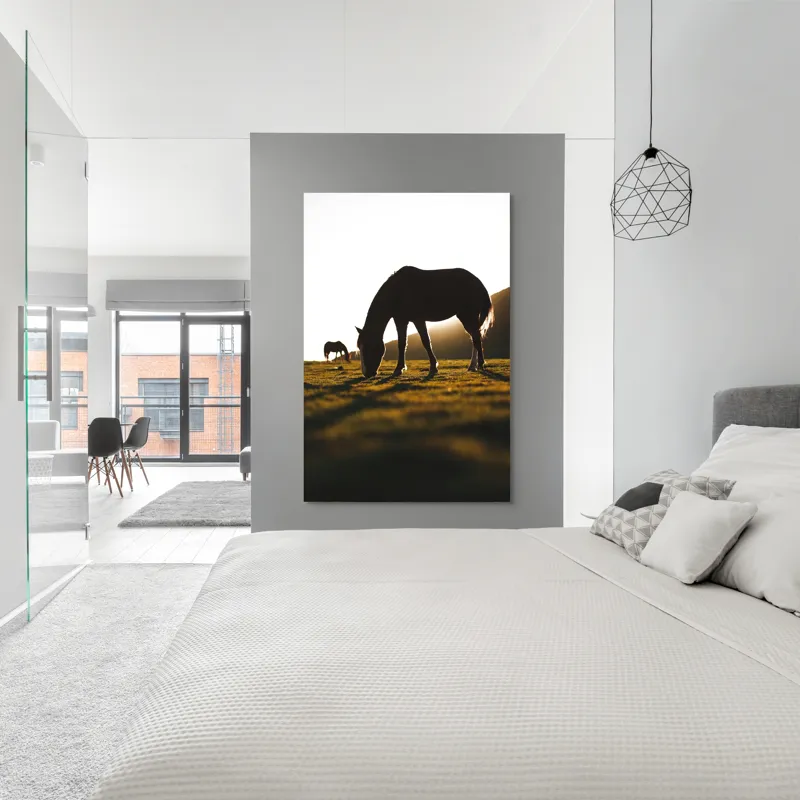 Tablou Canvas, "Cai păscând la apus liniștit", Cal, Siluetă, Pășune, Apus, Tranquilitate, 100 x 150 cm – poza 5