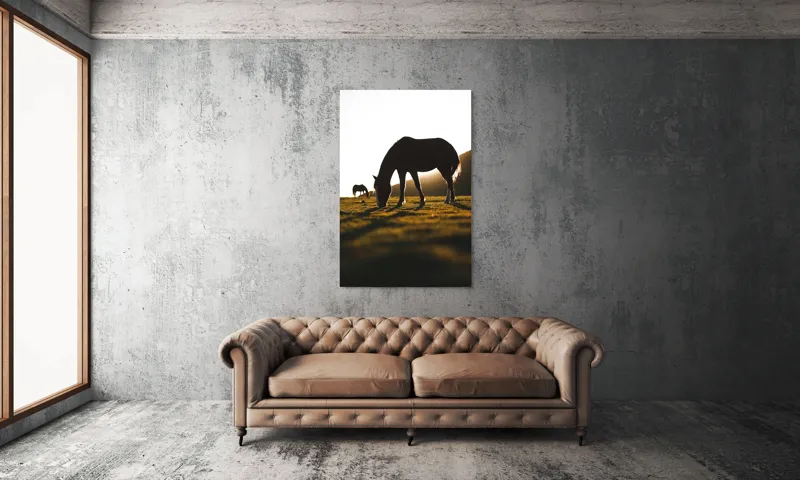 Tablou Canvas, "Cai păscând la apus liniștit", Cal, Siluetă, Pășune, Apus, Tranquilitate, 100 x 150 cm – poza 6