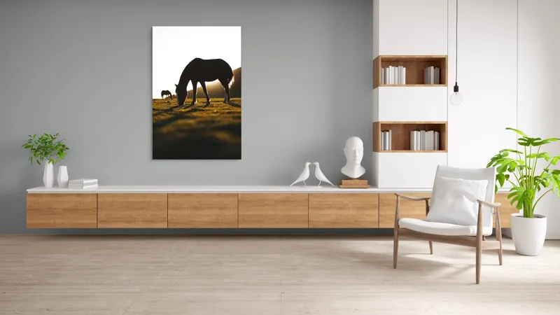 Tablou Canvas, "Cai păscând la apus liniștit", Cal, Siluetă, Pășune, Apus, Tranquilitate, 100 x 150 cm – poza 8