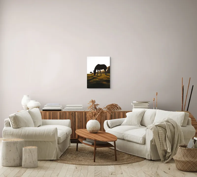 Tablou Canvas, "Cai păscând la apus liniștit", Cal, Siluetă, Pășune, Apus, Tranquilitate, 39 x 54 cm – poza 5