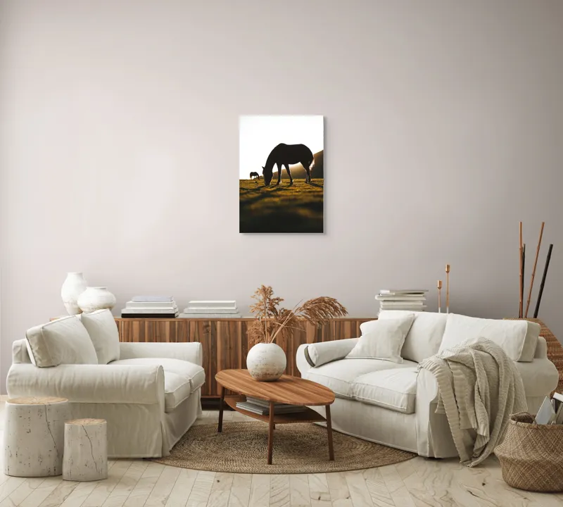 Tablou Canvas, "Cai păscând la apus liniștit", Cal, Siluetă, Pășune, Apus, Tranquilitate, 50 x 70 cm – poza 4