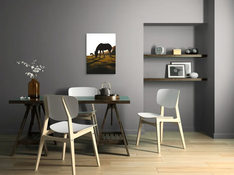 Tablou Canvas, "Cai păscând la apus liniștit", Cal, Siluetă, Pășune, Apus, Tranquilitate, 50 x 70 cm – poza 5